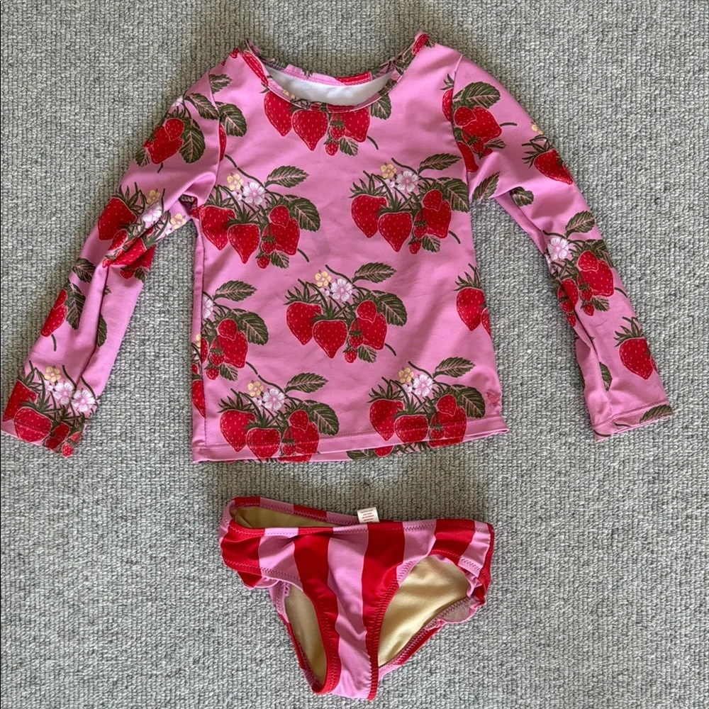Kids Pink Strawberry Long-Sleeve Rash Guard Swim Set